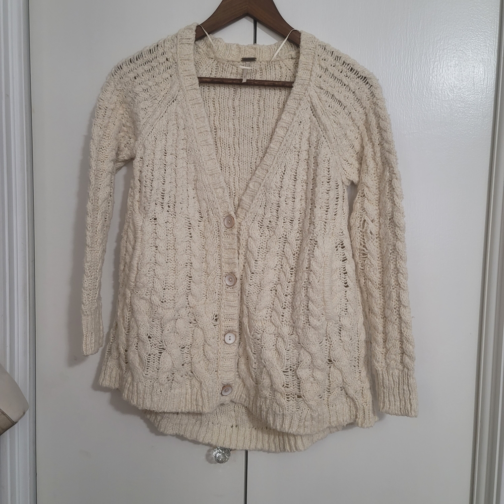 Free People Cream Cable Knit Button-Up Cardigan